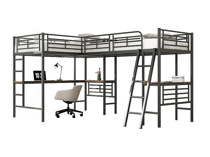 Noir 90 * 200cm lits superposés, deux lits superposés, table sous le lit, Double escalier, barre de haute hauteur