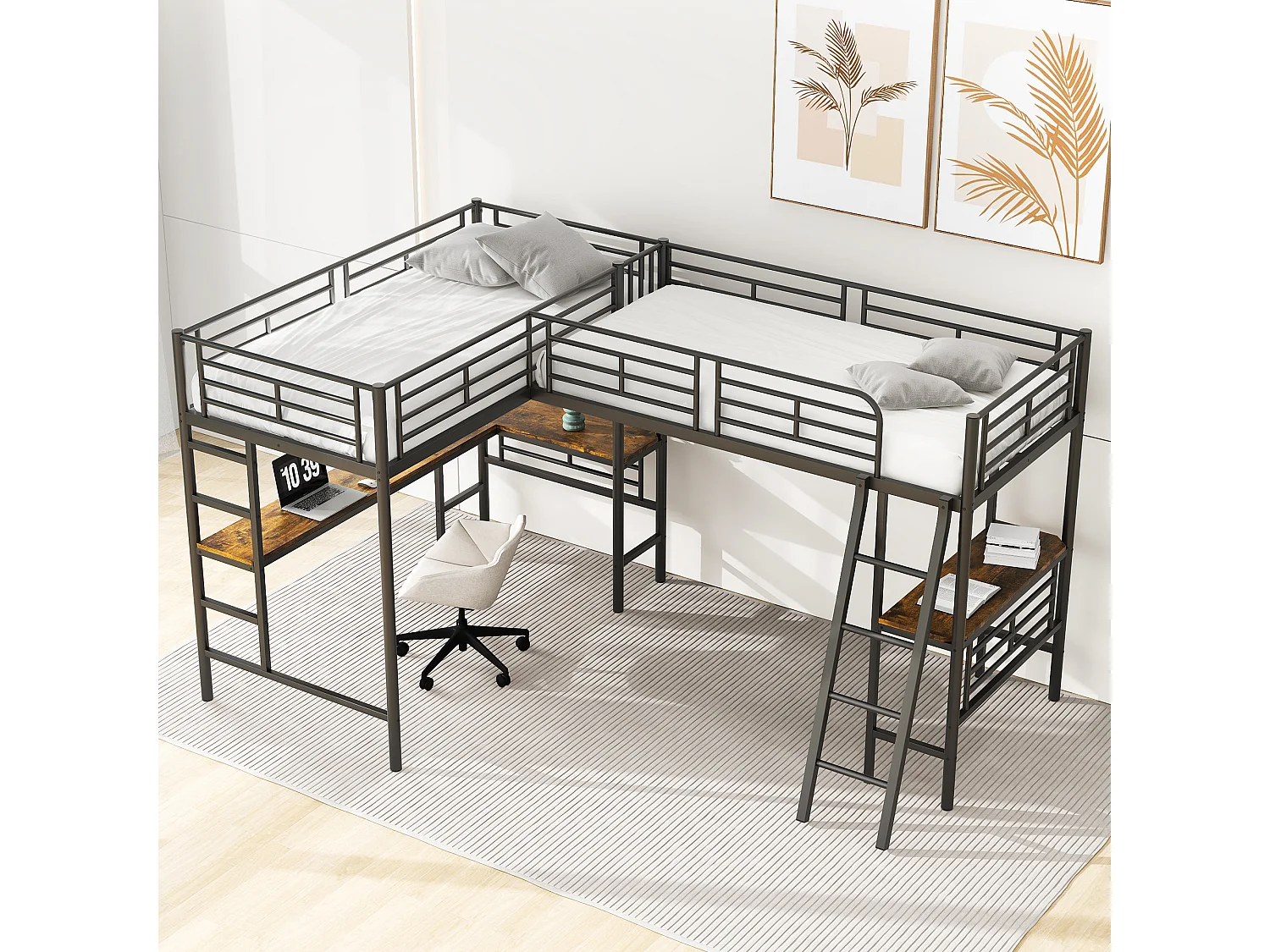 Noir 90 * 200cm lits superposés, deux lits superposés, table sous le lit, Double escalier, barre de haute hauteur