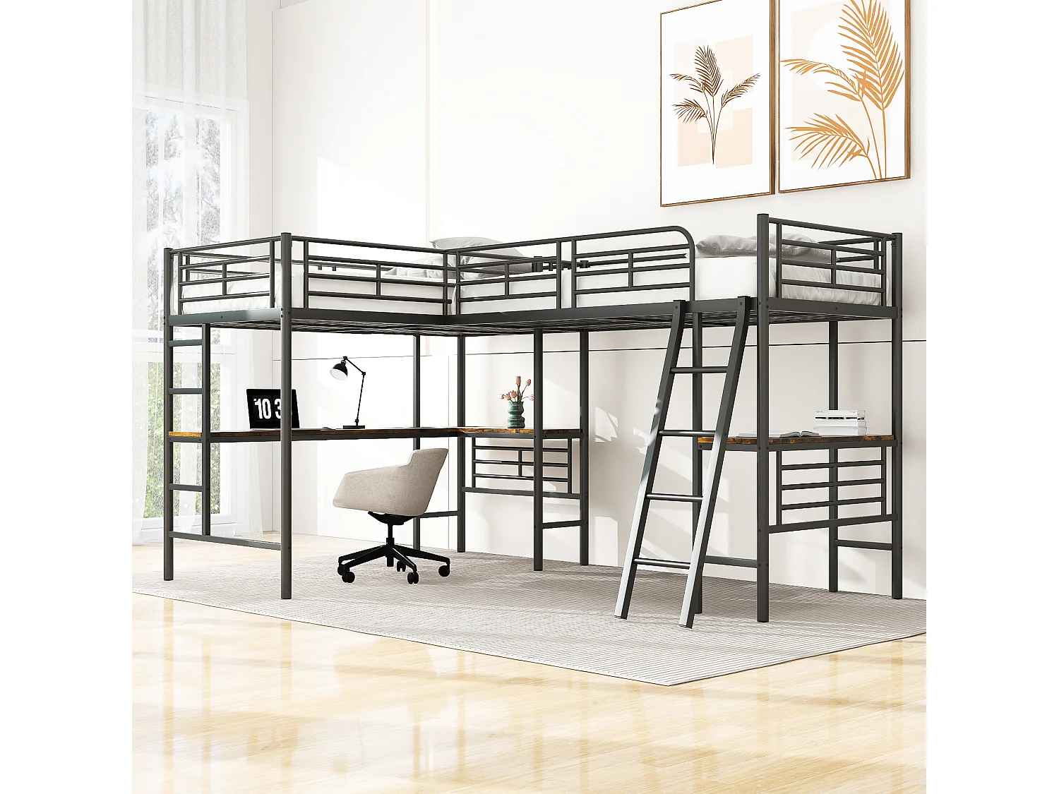 Noir 90 * 200cm lits superposés, deux lits superposés, table sous le lit, Double escalier, barre de haute hauteur