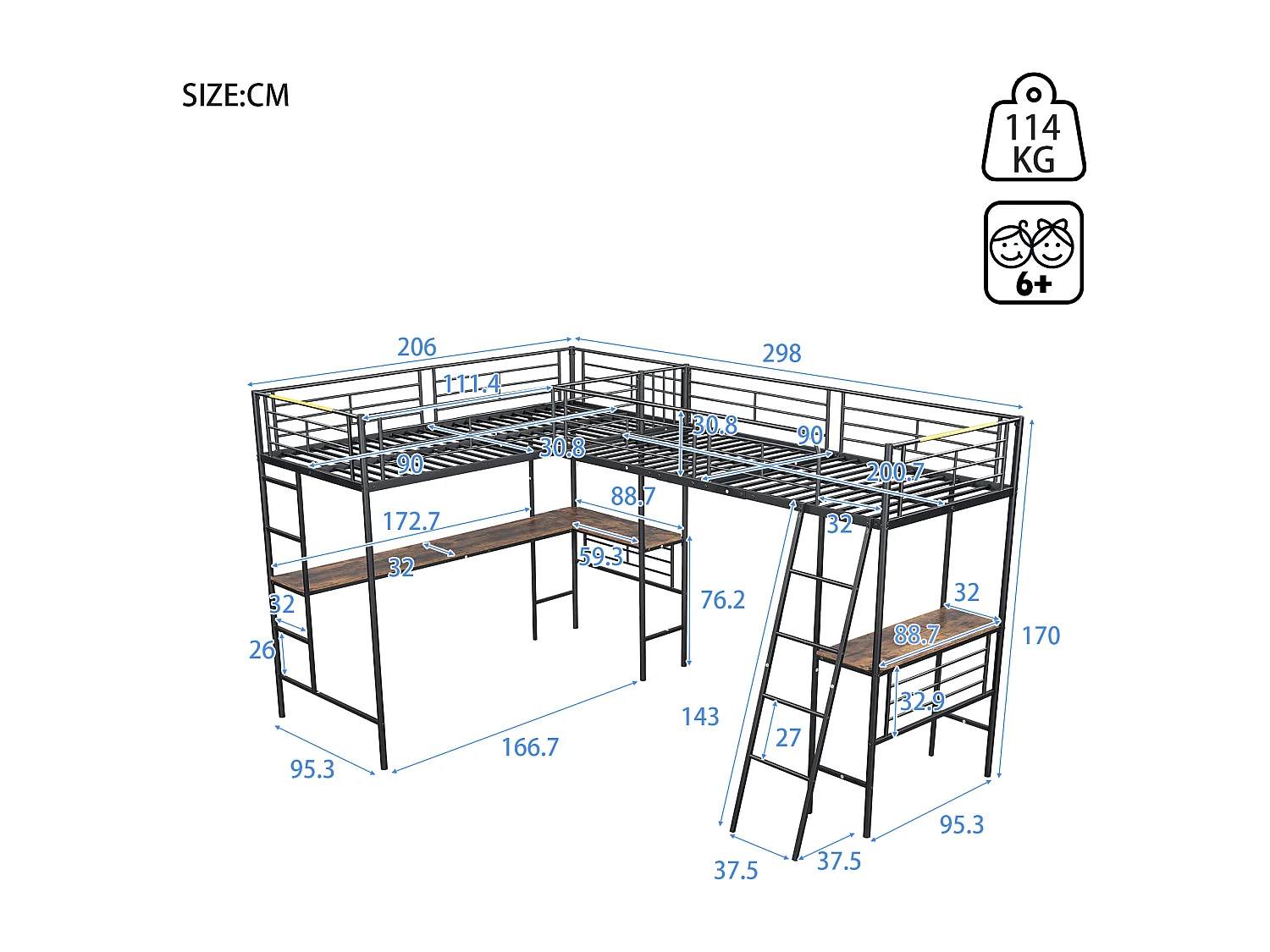 Noir 90 * 200cm lits superposés, deux lits superposés, table sous le lit, Double escalier, barre de haute hauteur