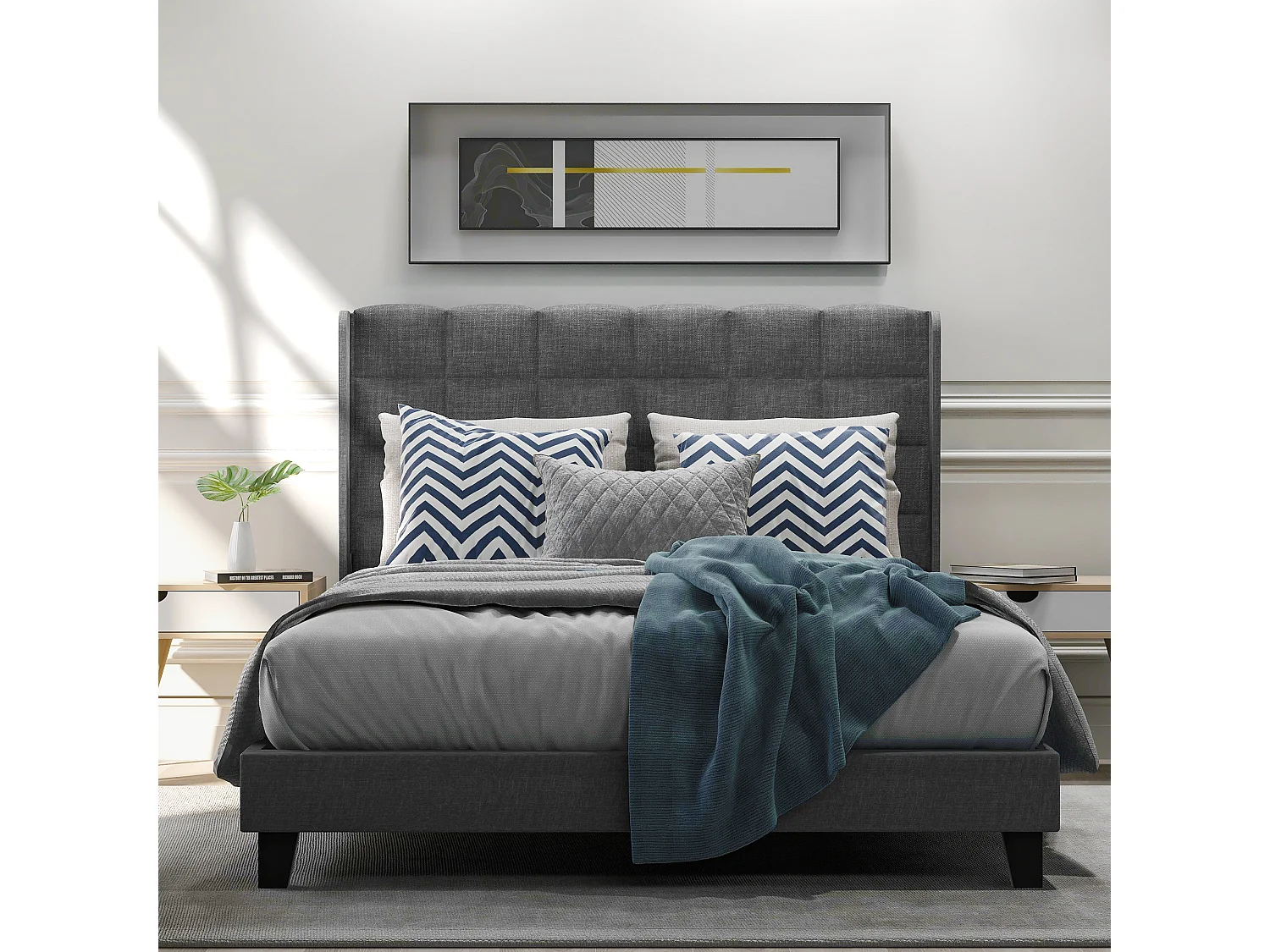 Lit Capitonné Double 140 X 200 cm Moderne Avec Tête De Lit - Sommier À Lattes - Lin Gris - Sans Matelas