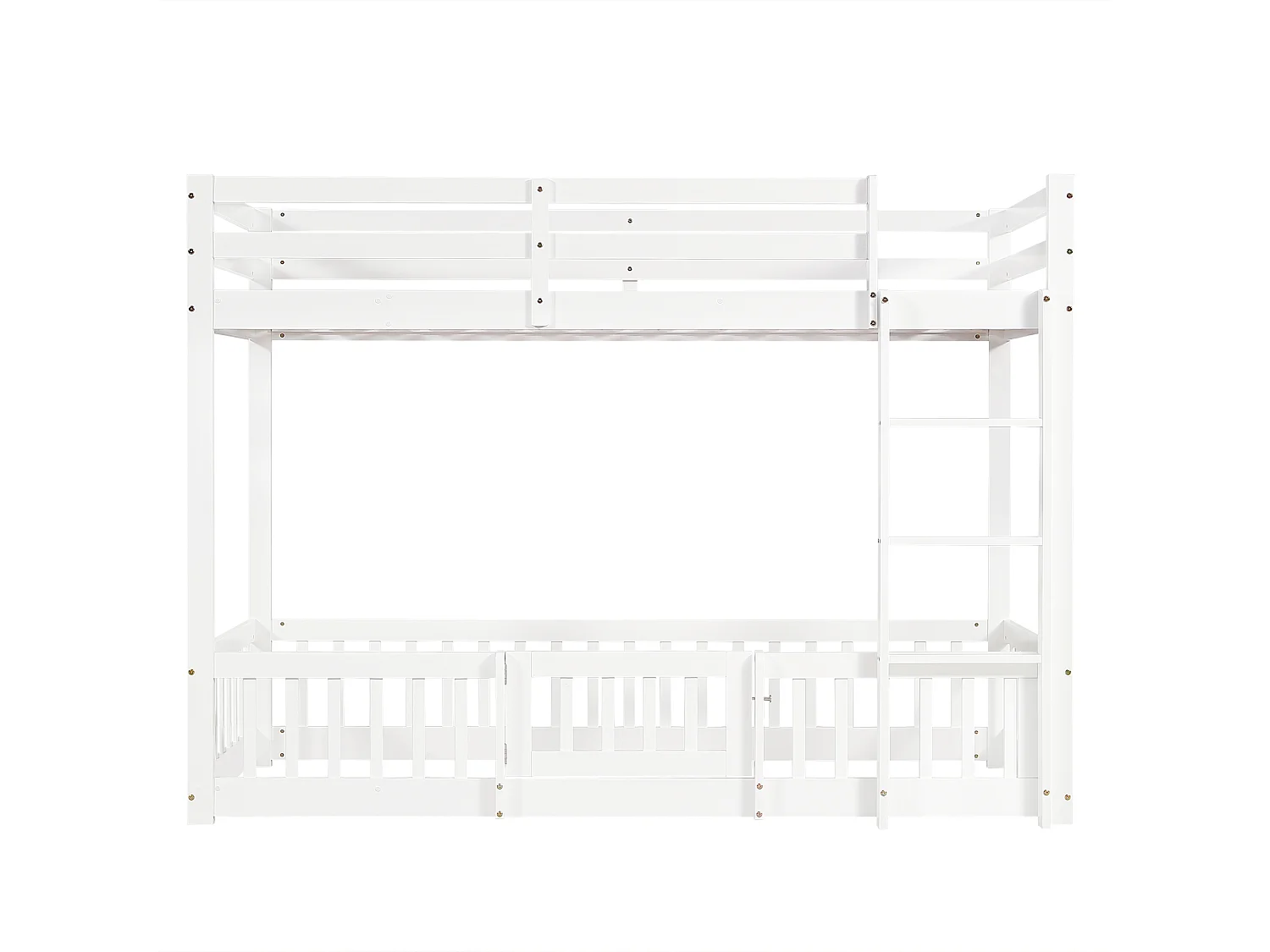 Lit superposé 90 x 200 cm, avec échelle, barrières de sécurité et porte, avec espace libre sous le lit, blanc