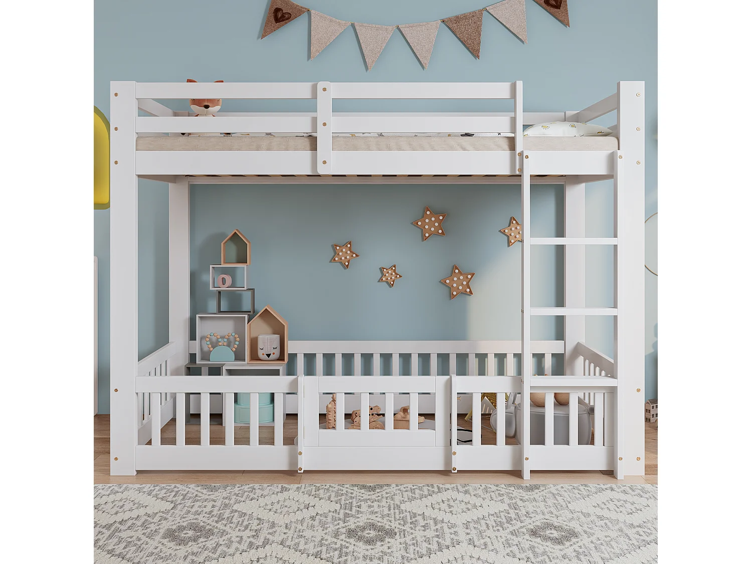 Beliche 90x200 cm, com escada, grades de proteção e porta, com espaço livre para decoração sob a cama, branco