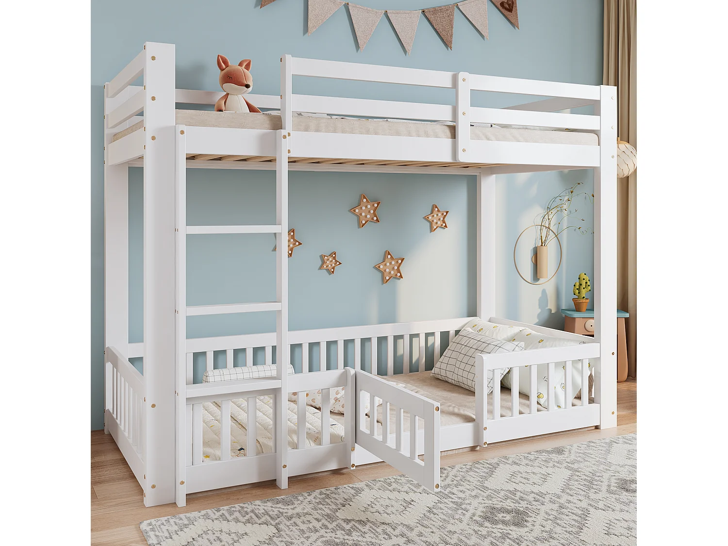 Beliche 90x200 cm, com escada, grades de proteção e porta, com espaço livre para decoração sob a cama, branco