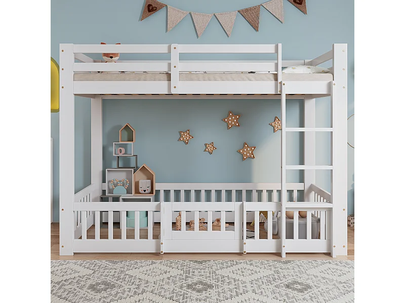 Beliche 90x200 cm, com escada, grades de proteção e porta, com espaço livre para decoração sob a cama, branco