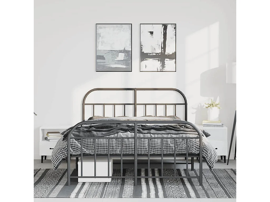 Cadre de lit métal sans matelas avec pied de lit noir 150x200cm