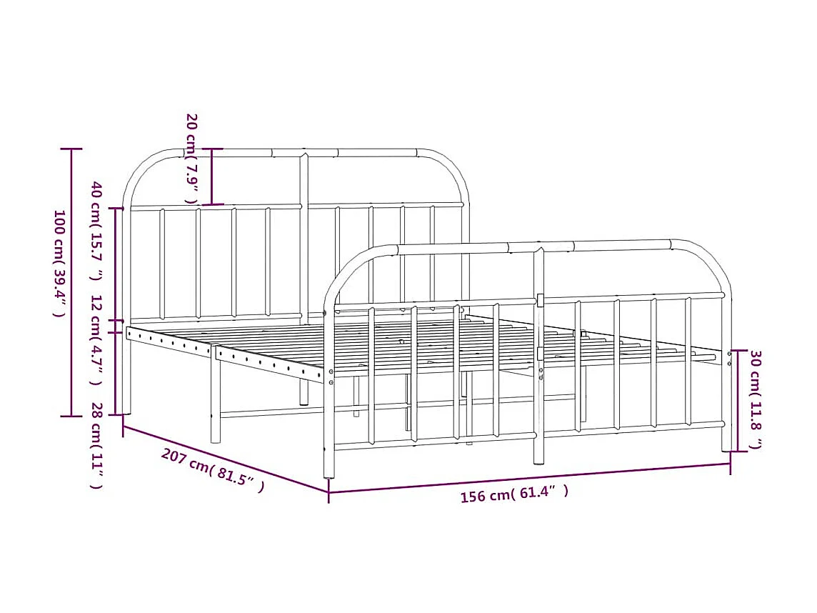 Cadre de lit métal sans matelas avec pied de lit noir 150x200cm