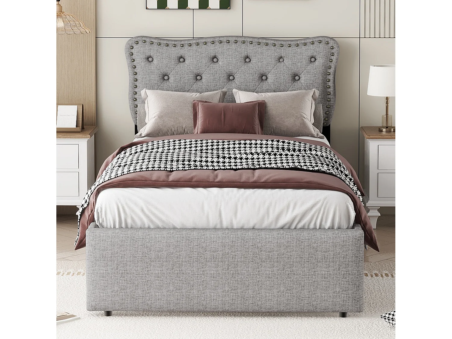 Cama acolchoada para adulto 180 x 846 cm, sem cabeceira, com faixa LED (monocromática), base com suspensão hidráulica, bege.