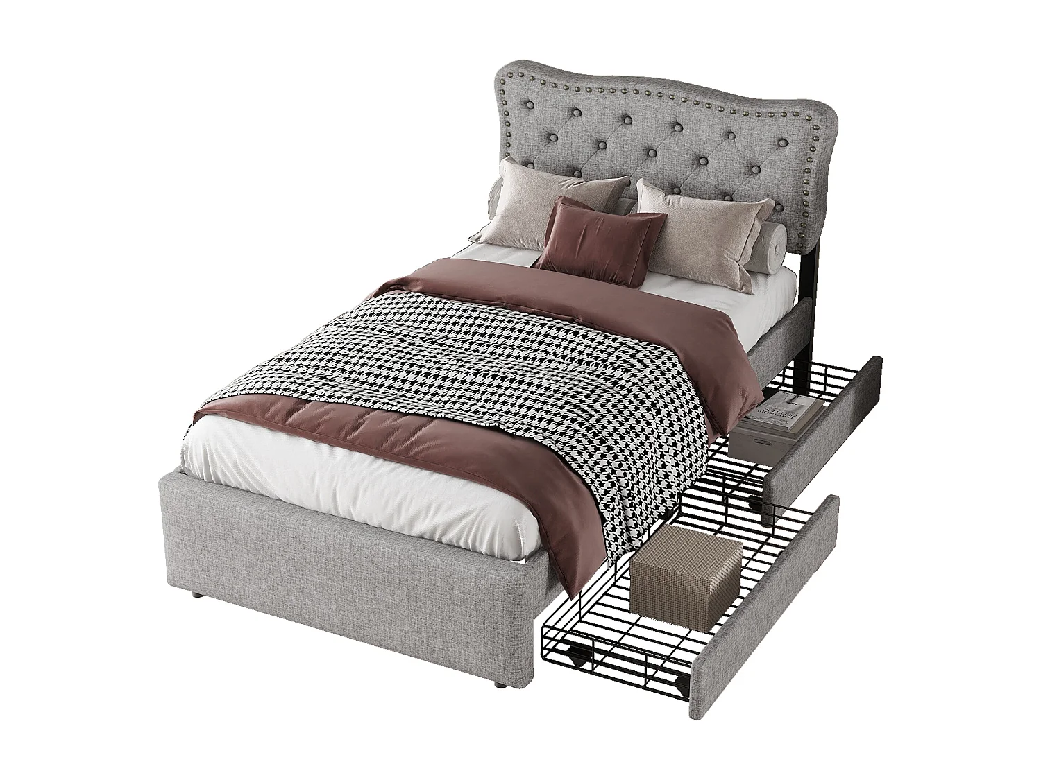 Cama acolchoada para adulto 180 x 846 cm, sem cabeceira, com faixa LED (monocromática), base com suspensão hidráulica, bege.