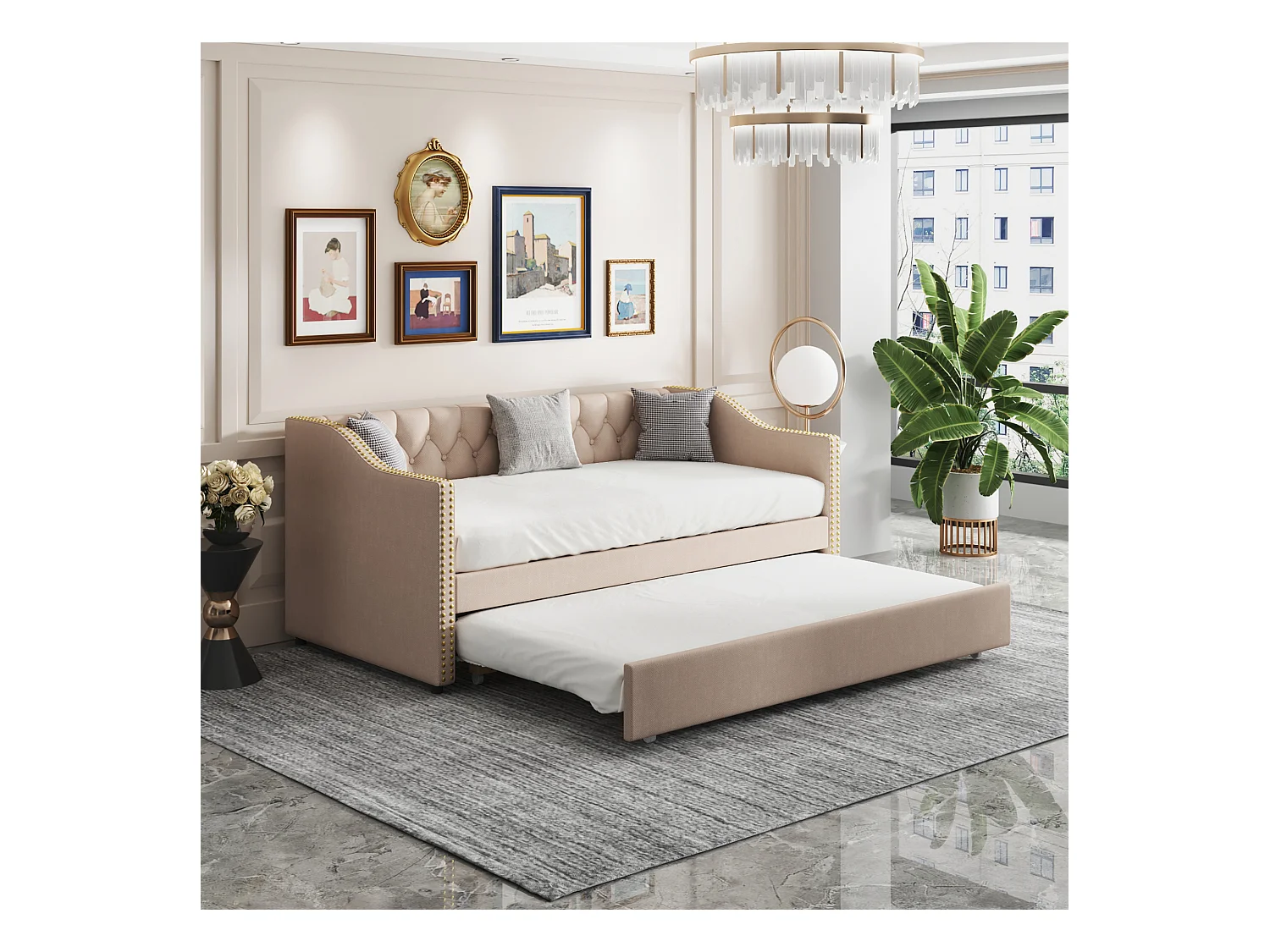 Lit Rembourré Enfant 90 X 200 cm - Canapé-Lit Gigogne - Tissu En Lin Résistant - Lit D'Appoint - Beige