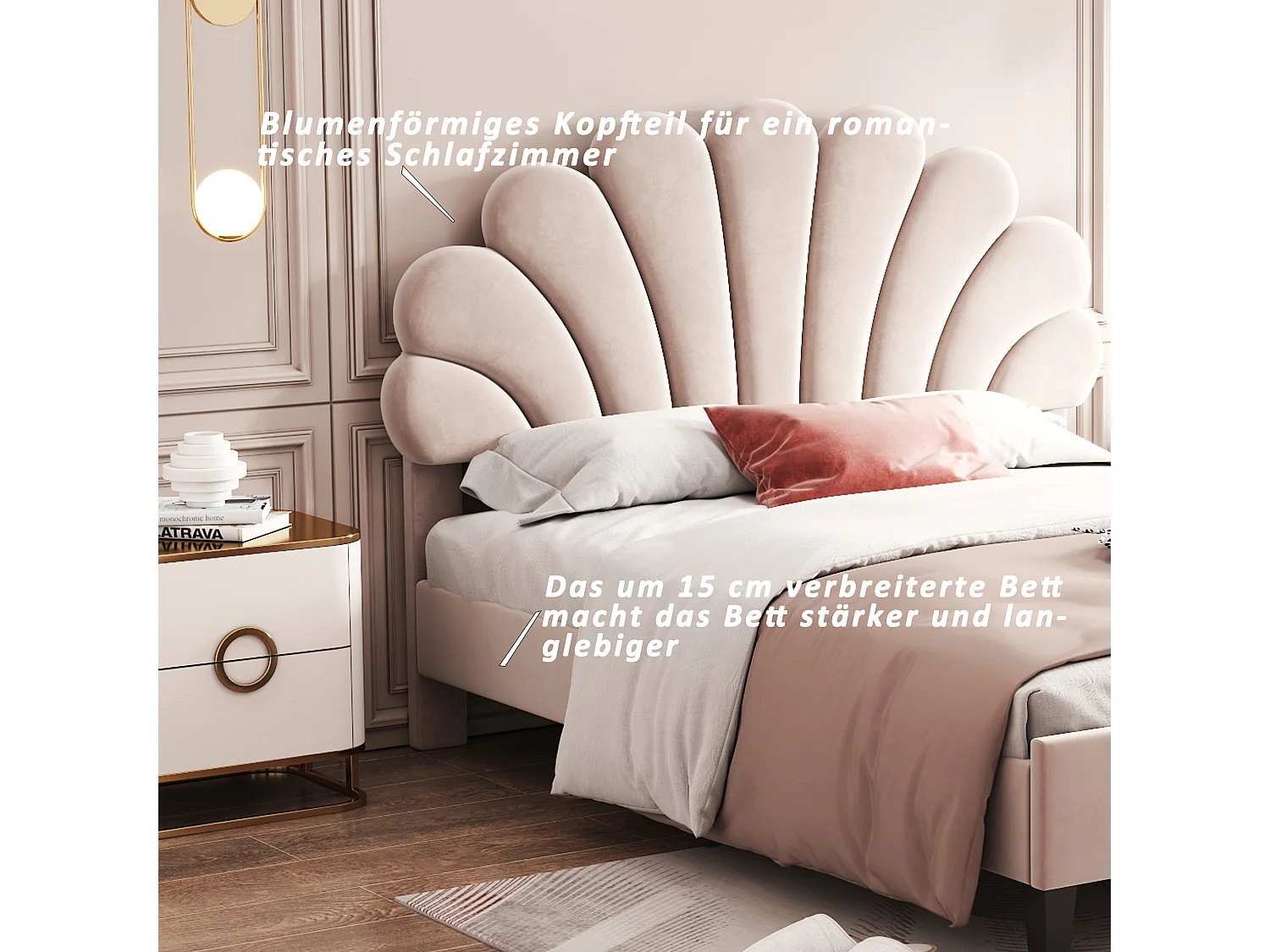 Lit Enfant 140 X 200 cm - Rembourré - Tête De Lit Fleur - Sommier À Lattes - Lit D'Appoint Double En Velours - Beige