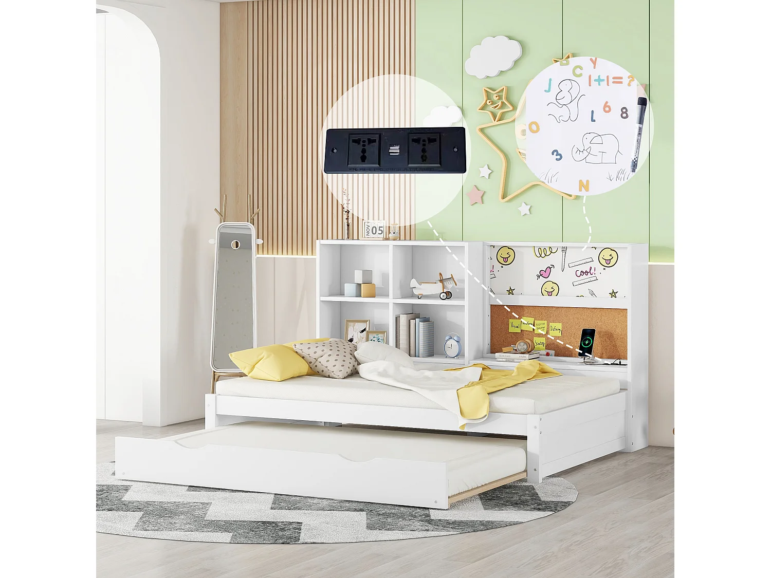 Blanc 90 * 200cm canapé - lit avec lit gigogne, port de charge USB, plusieurs compartiments de rangement