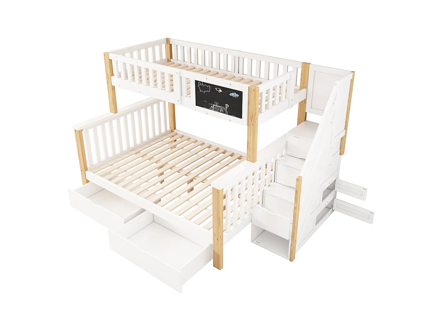 Blanc + chêne clair enfants double lits superposés 90 * 200 / 140 * 200 avec tableau noir et tiroirs sans matelas
