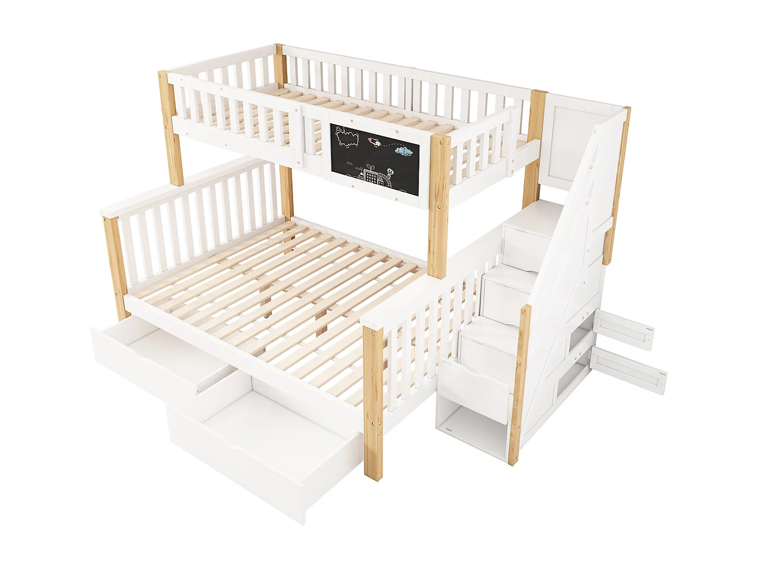 Blanco + roble claro literas dobles para niños 90 * 200 / 140 * 200 con pizarra y cajones sin colchón