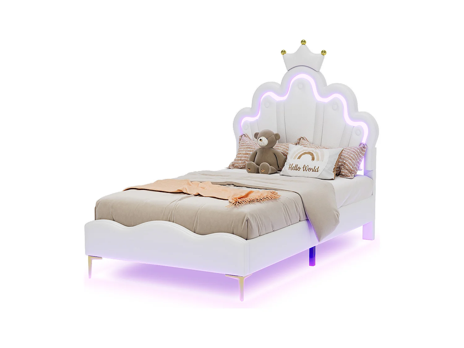 Blanc 90 * 200cm lit simple plat, intérieur en cuir pu souple, bande lumineuse d'environnement LED réglable