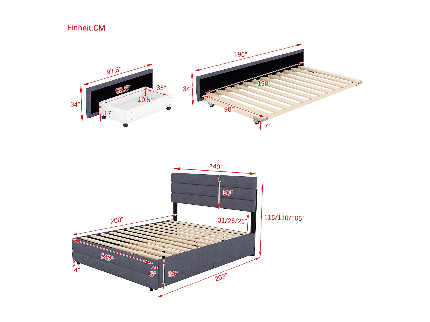 Cama acolchoada para adulto 180 x 1090 cm, sem cabeceira, com faixa LED (monocromática), base com suspensão hidráulica, bege.
