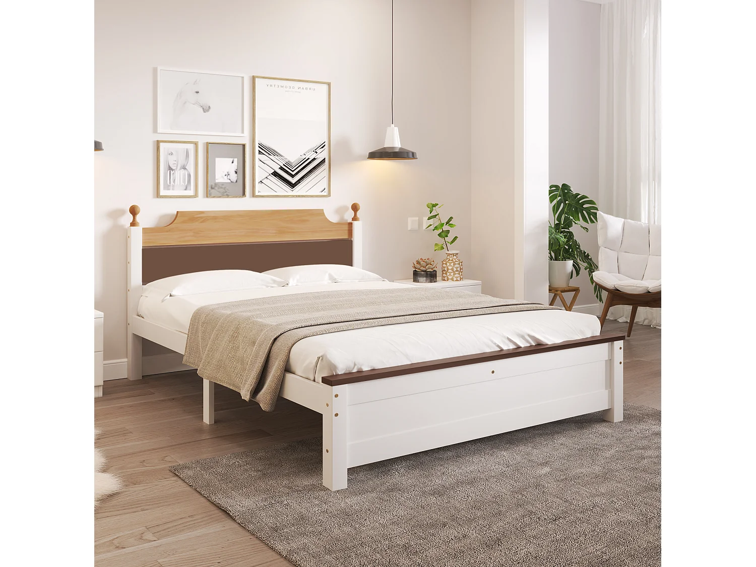 Lit Double En Bois - 140 X 200 cm - Cadre En Pin Avec Pied Central - Tête Et Pied De Lit En Mdf - Blanc