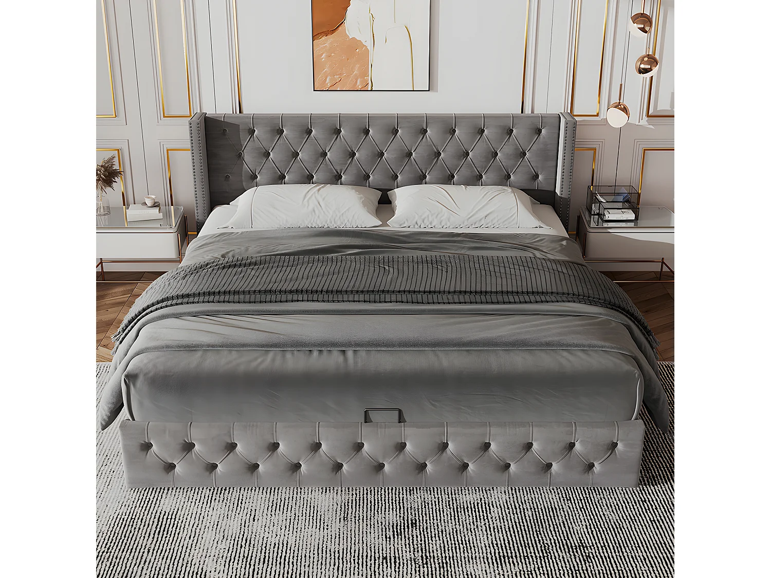 Cama acolchoada para adulto 180 x 1199 cm, sem cabeceira, com faixa LED (monocromática), base com suspensão hidráulica, bege.