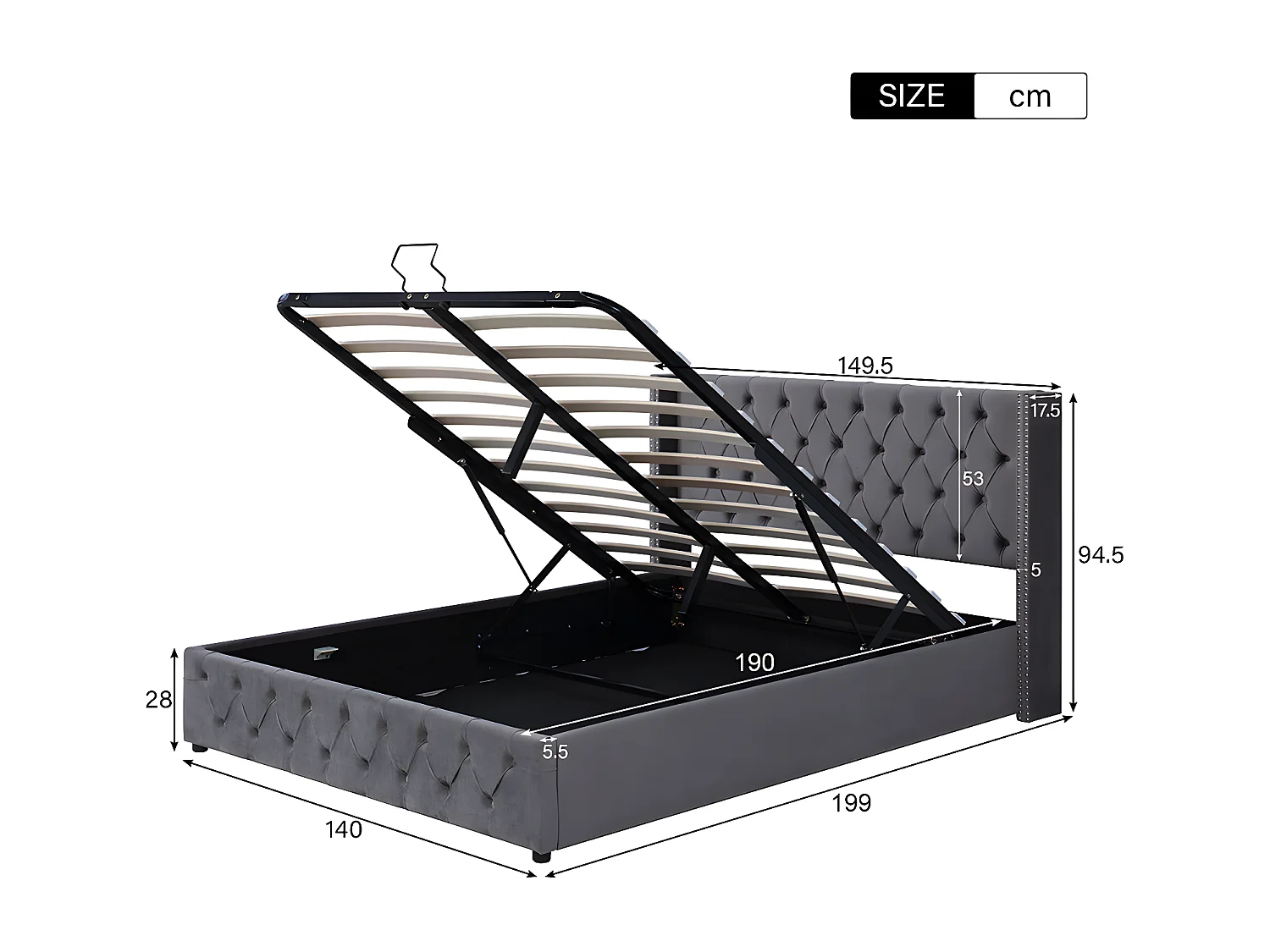 Cama acolchoada para adulto 180 x 1199 cm, sem cabeceira, com faixa LED (monocromática), base com suspensão hidráulica, bege.