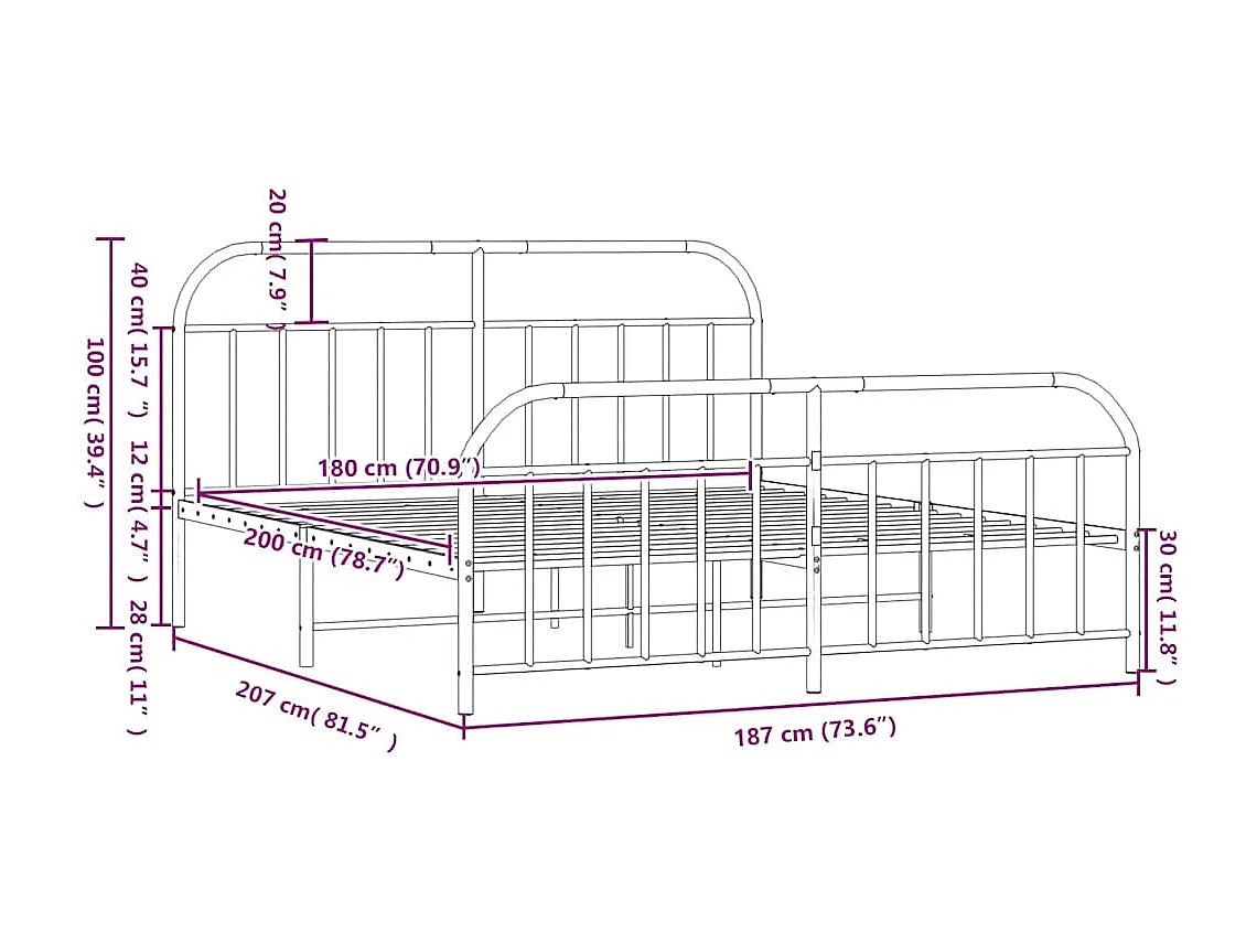 Cadre de lit métal sans matelas avec pied de lit noir 180x200cm