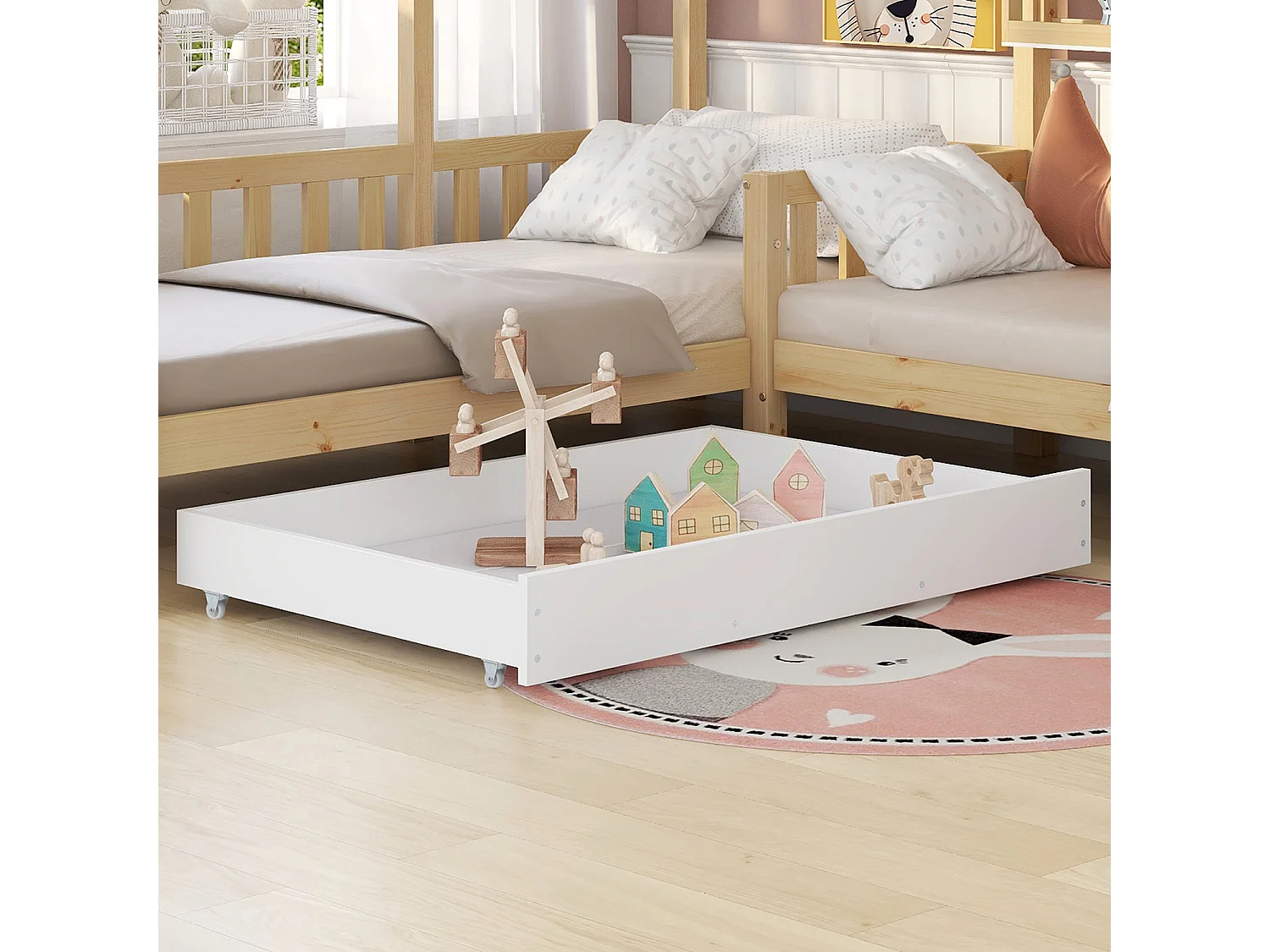 Lit d'enfant Lit de maison avec tiroirs et étagères, en bois massif avec clôture et sommier à lattes, structure en L, naturel (90x200 cm+140x70cm)