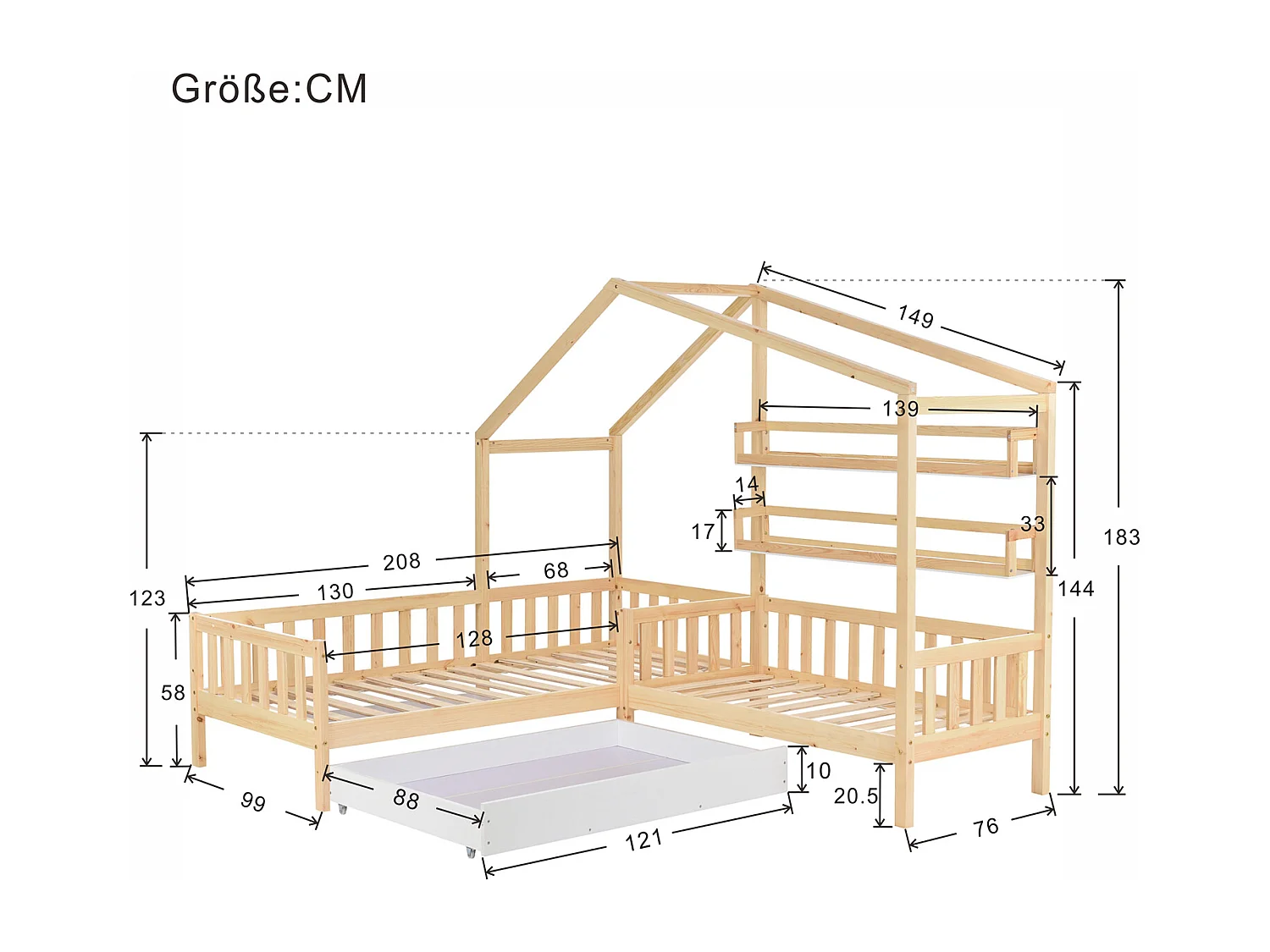 Lit d'enfant Lit de maison avec tiroirs et étagères, en bois massif avec clôture et sommier à lattes, structure en L, naturel (90x200 cm+140x70cm)
