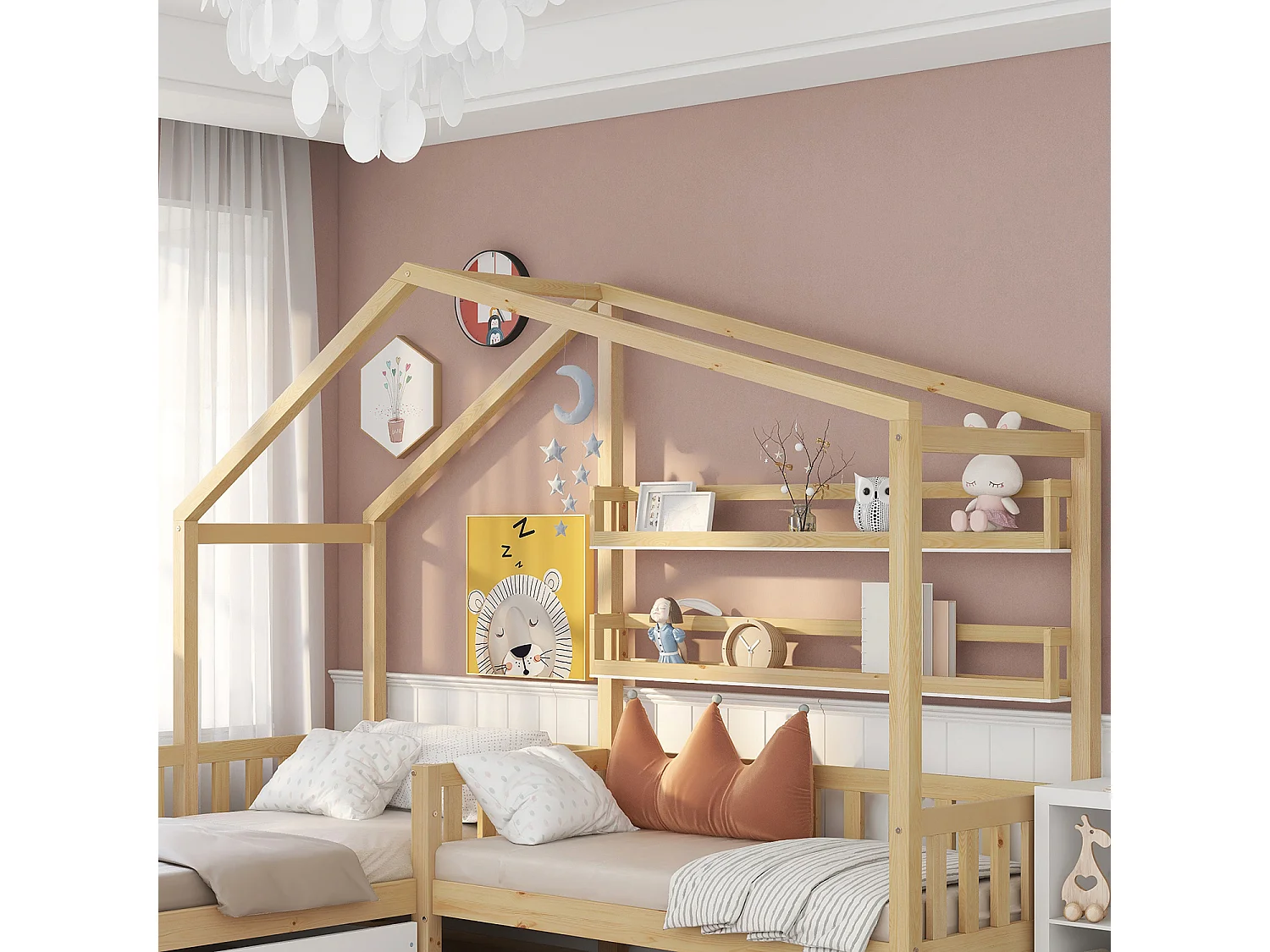 Lit d'enfant Lit de maison avec tiroirs et étagères, en bois massif avec clôture et sommier à lattes, structure en L, naturel (90x200 cm+140x70cm)