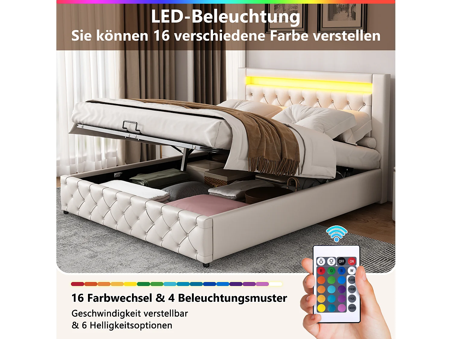 Cama tapizada blanca 160 x 200 cm, cama funcional con somier de láminas, almacenamiento e iluminación LED