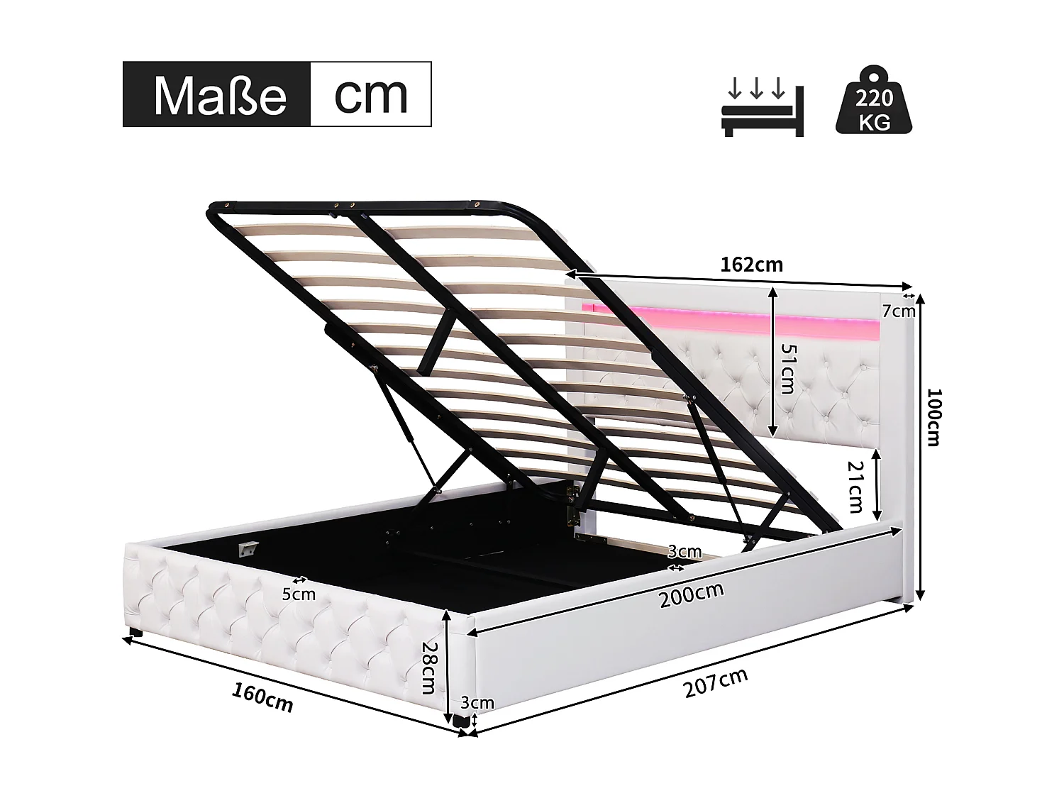 Cama tapizada blanca 160 x 200 cm, cama funcional con somier de láminas, almacenamiento e iluminación LED