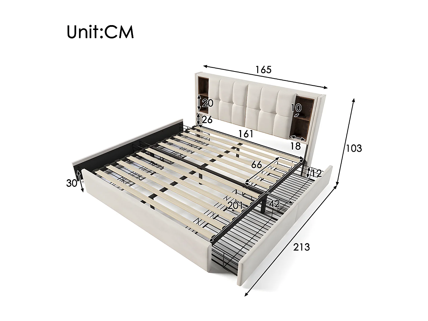 Lit adulte avec chargement sans fil USB C& 4 tiroirs , lit rembourré cadre de lit 160x200cm,sommier à lattes en bois beige velours (avec matelas)