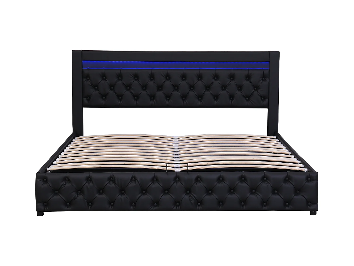 Lit rembourré noir 160 x 200 cm, lit fonctionnel avec cadre à lattes, rangement et éclairage LED