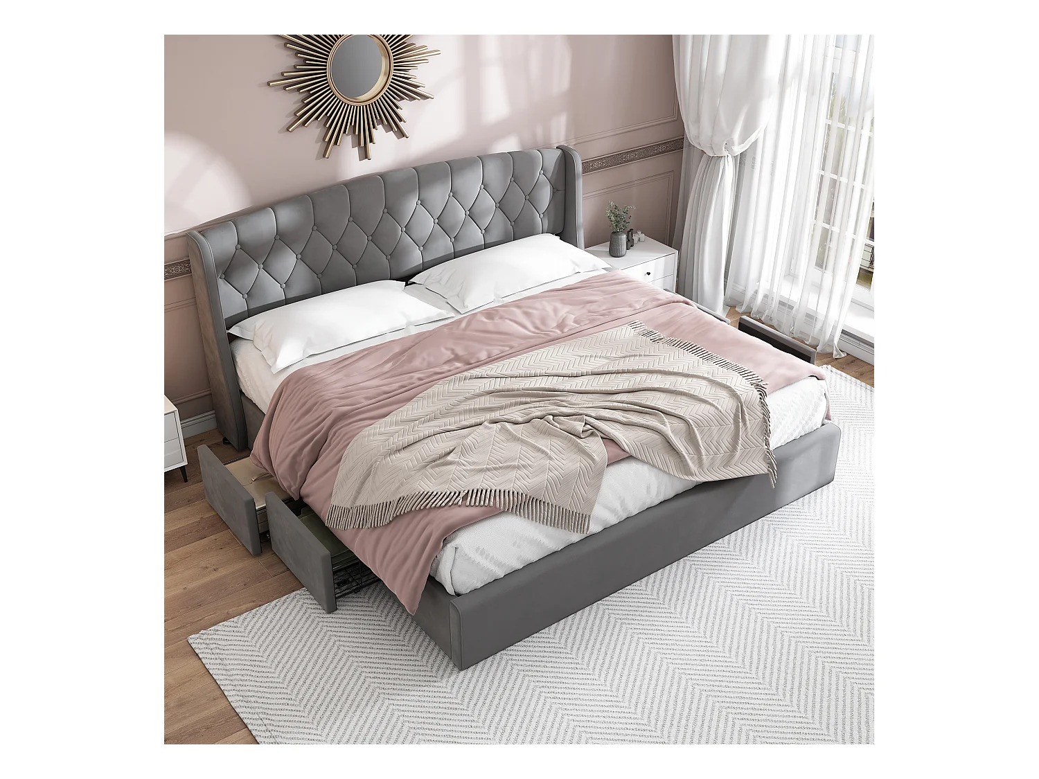 Lit Double En Velours et Métal - 180 X 200 cm - Avec Sommier À Lattes et 4 Tiroirs - Gris - Sans Matelas
