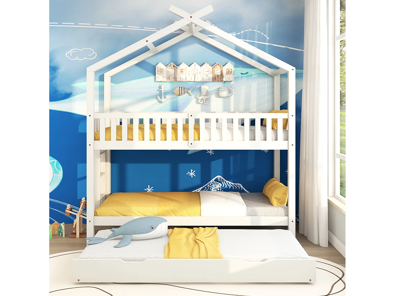 Lit Maison Enfant 90 X 200 cm - 3 Lits - Extensible - Design Peu Encombrant - Blanc