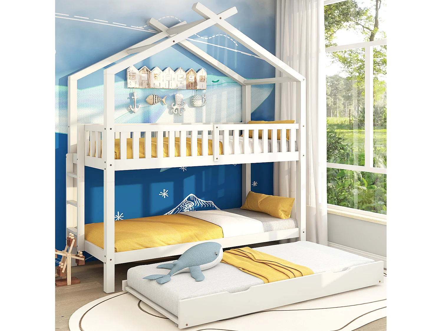 Lit Maison Enfant 90 X 200 cm - 3 Lits - Extensible - Design Peu Encombrant - Blanc