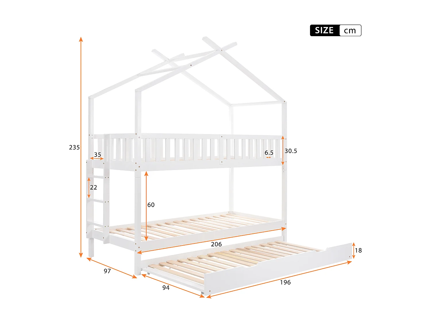 Lit Maison Enfant 90 X 200 cm - 3 Lits - Extensible - Design Peu Encombrant - Blanc