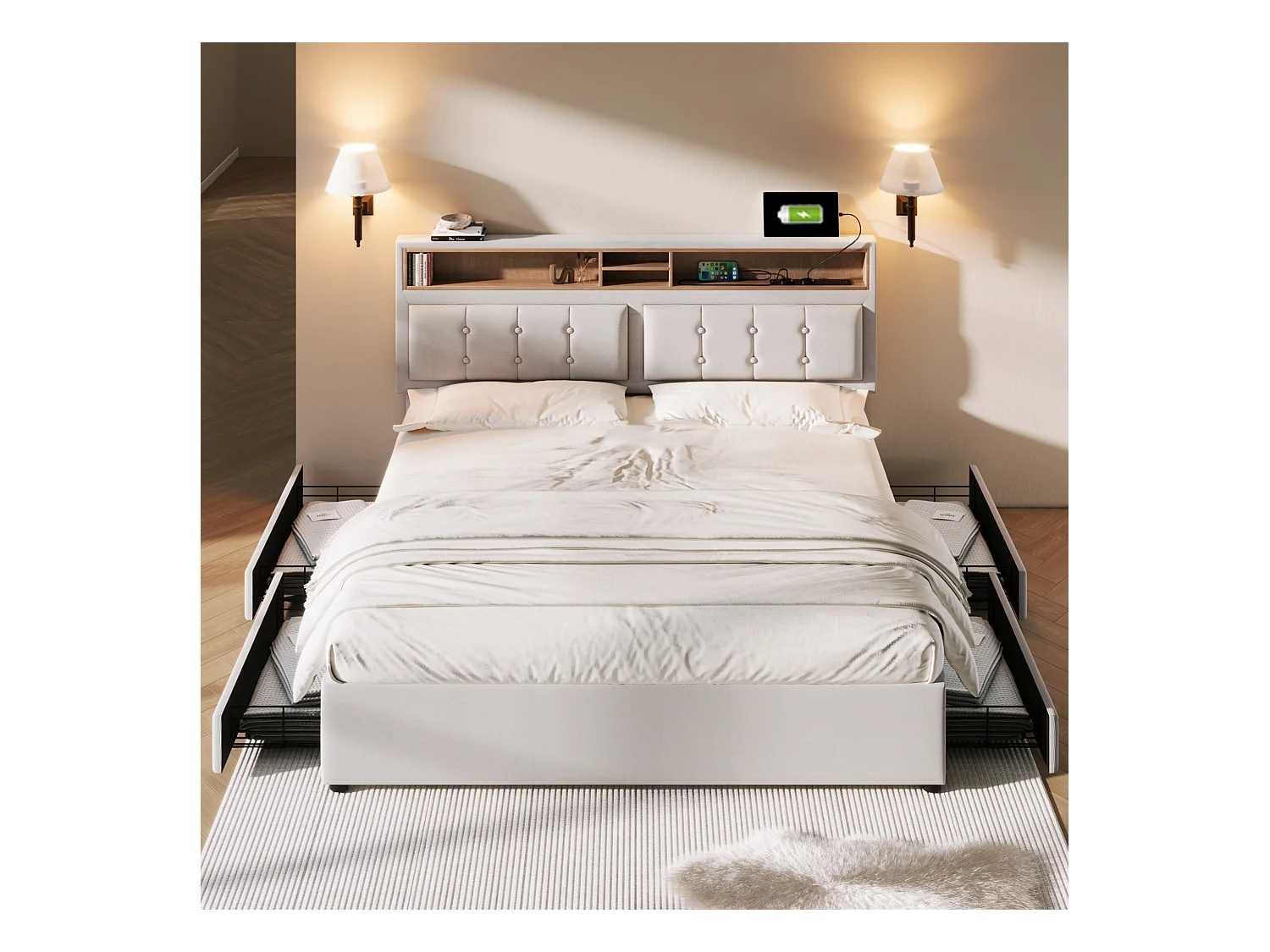 Lit Double Avec 4 Tiroirs Et Prise Usb C - 160 X 200 cm - Tête De Lit Réglable En Hauteur - Sommier À Lattes En Bois - Sans Matelas
