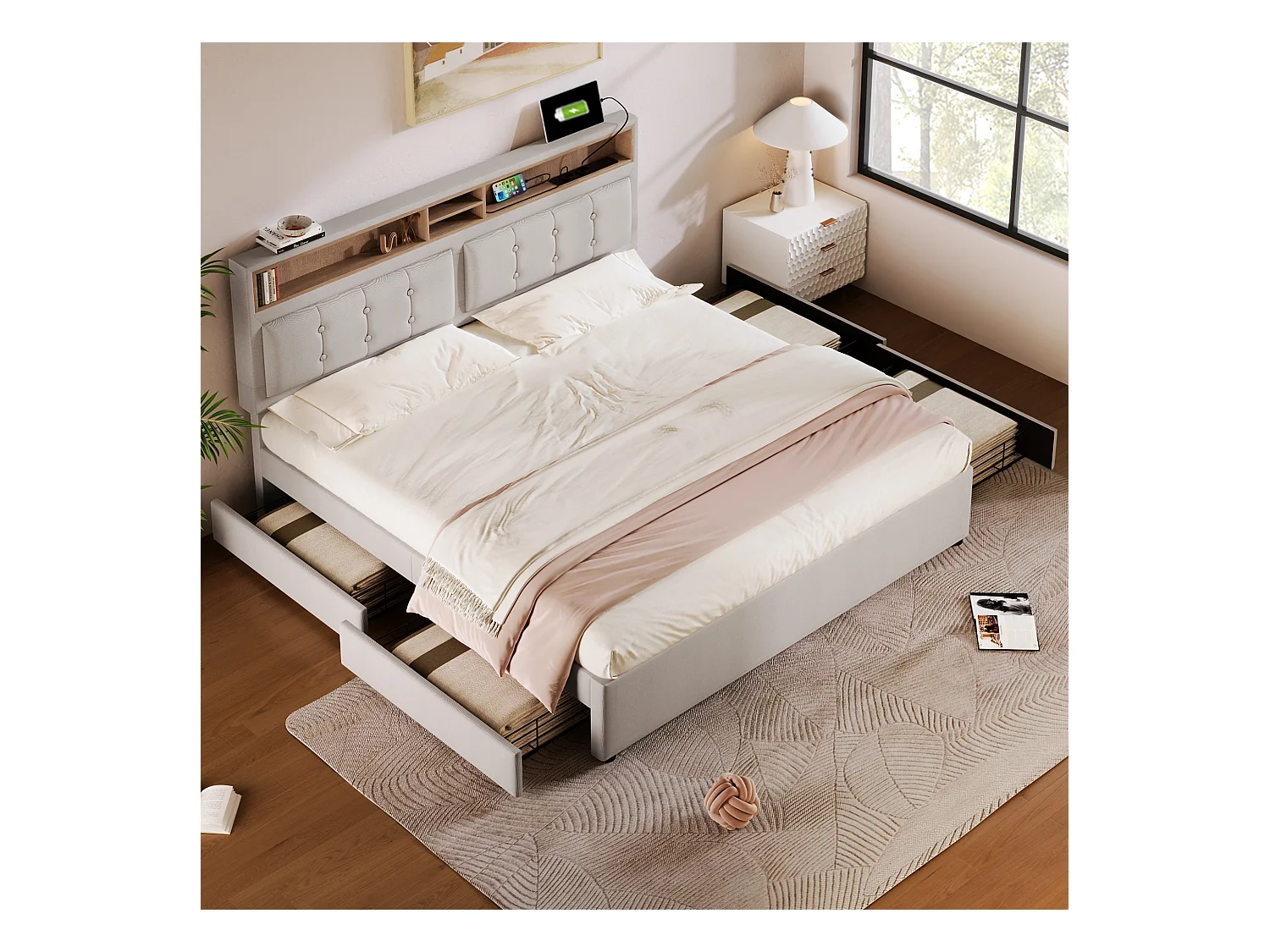 Lit Double Avec 4 Tiroirs Et Prise Usb C - 160 X 200 cm - Tête De Lit Réglable En Hauteur - Sommier À Lattes En Bois - Sans Matelas