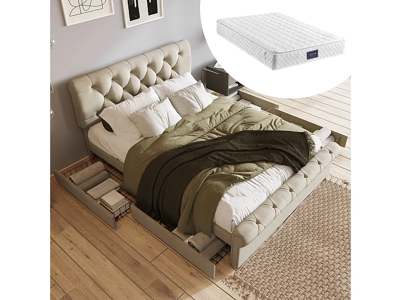 Cadre de lit, Lit rembourré, Tête réglable en hauteur, Lit fonctionnel Chesterfield, Naturel, 140x200cm avec 4 tiroirs, avec matelas