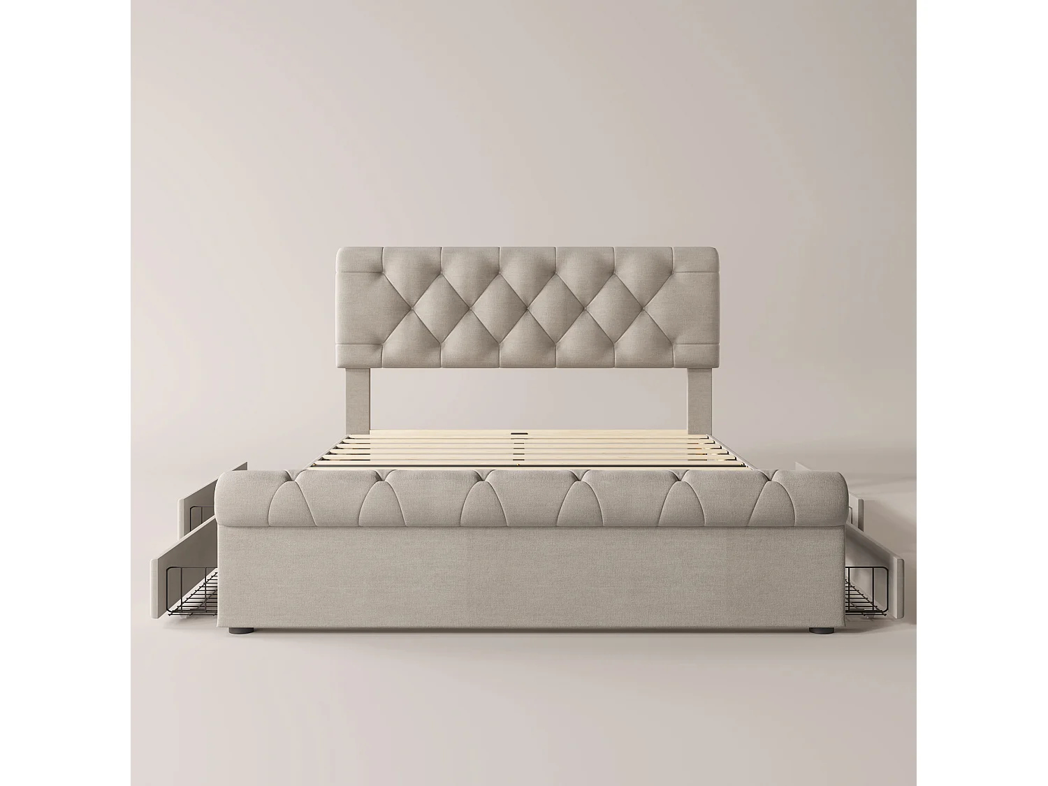 Cadre de lit, Lit rembourré, Tête réglable en hauteur, Lit fonctionnel Chesterfield, Naturel, 140x200cm avec 4 tiroirs, avec matelas