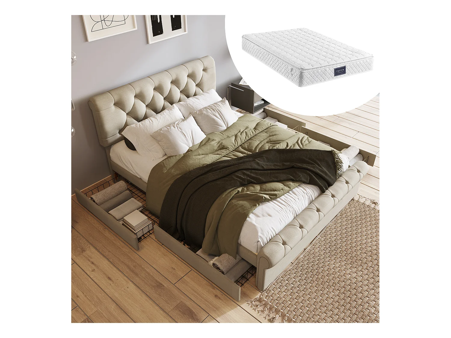 Cadre de lit, Lit rembourré, Tête réglable en hauteur, Lit fonctionnel Chesterfield, Naturel, 140x200cm avec 4 tiroirs, avec matelas