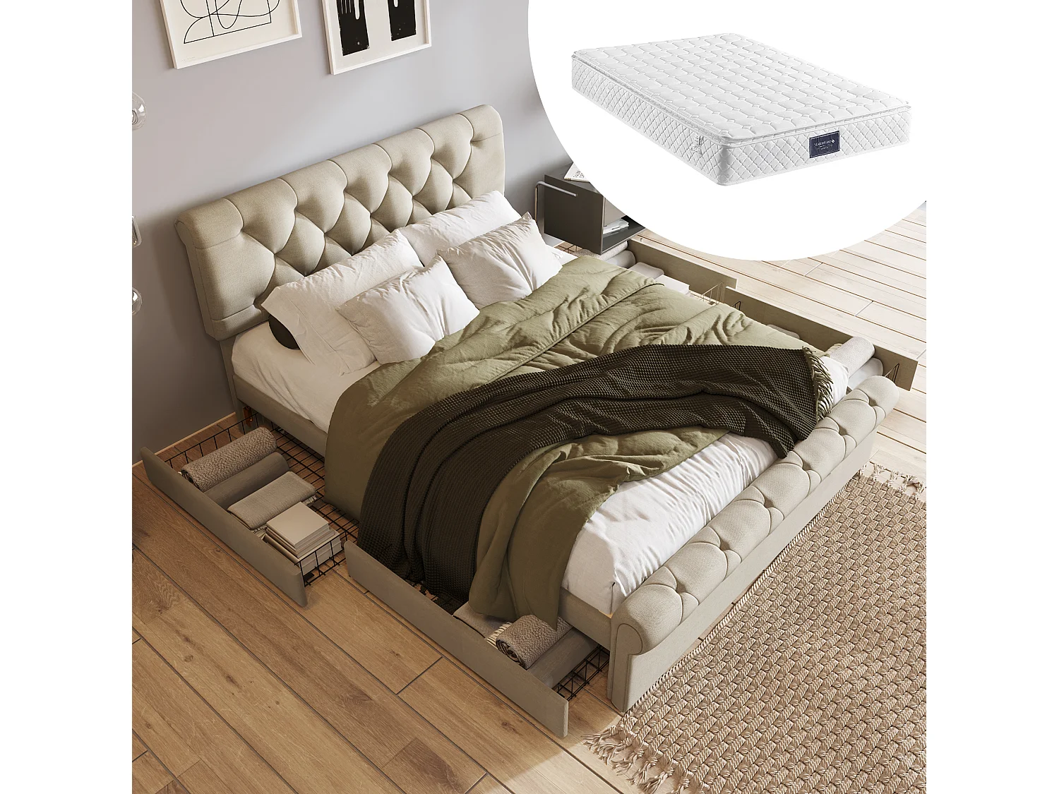 Cadre de lit, Lit rembourré, Tête réglable en hauteur, Lit fonctionnel Chesterfield, Naturel, 140x200cm avec 4 tiroirs, avec matelas