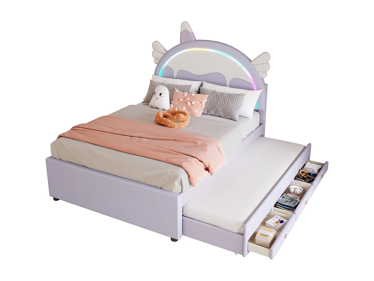 Violet 140 * 200cm Cartoon lit d'enfant, pu matériel, avec lit extensible dépliable, UNICORN style