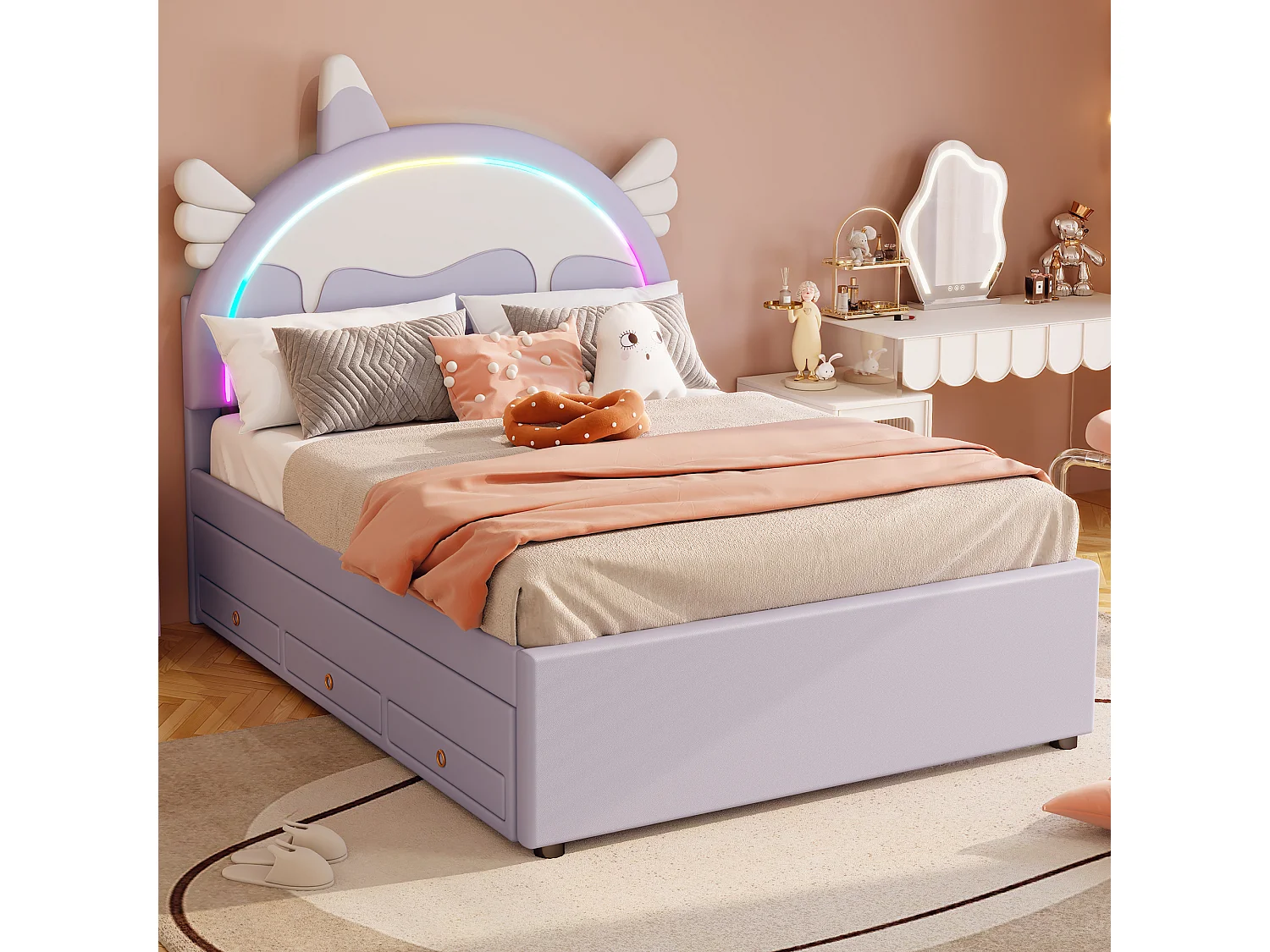 Violet 140 * 200cm Cartoon lit d'enfant, pu matériel, avec lit extensible dépliable, UNICORN style