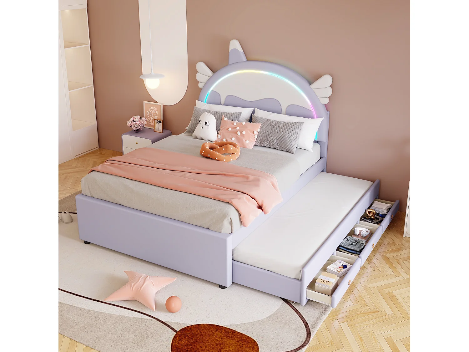 Violet 140 * 200cm Cartoon lit d'enfant, pu matériel, avec lit extensible dépliable, UNICORN style