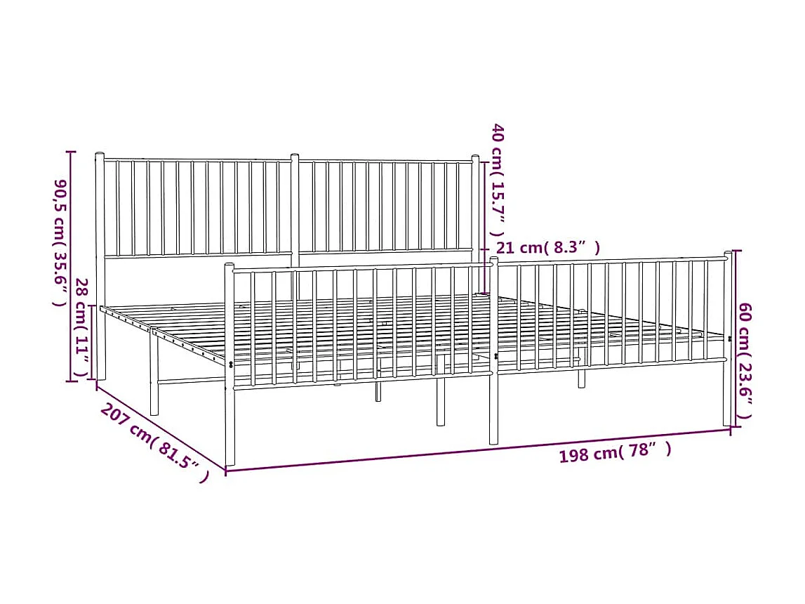 Cadre de lit métal sans matelas avec pied de lit noir 193x203cm