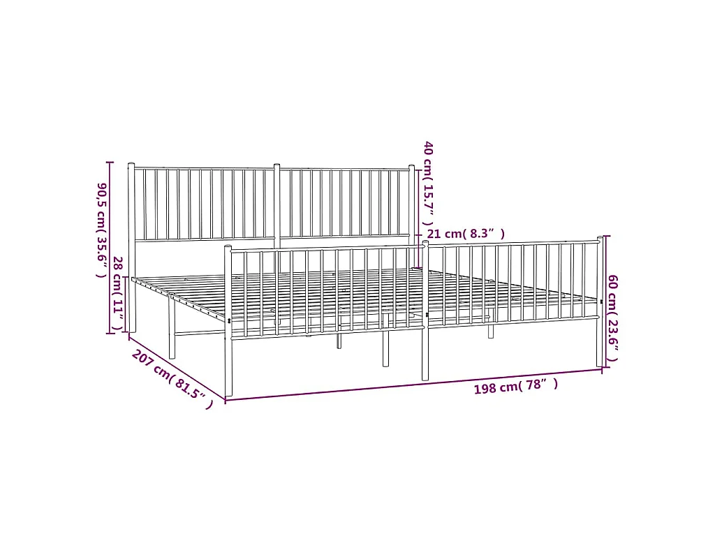 Cadre de lit métal sans matelas avec pied de lit noir 193x203cm