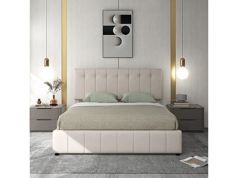 Cama acolchoada para adulto 180 x 916 cm, sem cabeceira, com faixa LED (monocromática), base com suspensão hidráulica, bege.