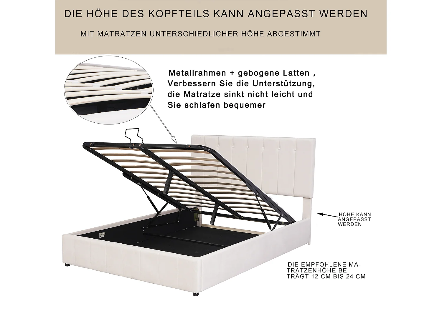 Cama acolchoada para adulto 180 x 916 cm, sem cabeceira, com faixa LED (monocromática), base com suspensão hidráulica, bege.