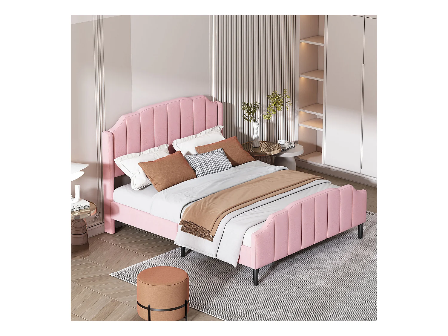 Lit rembourré 140 x 200 cm Cadre de lit avec tête de lit, pied de lit et sommier à lattes Rose Velours Lit double rembourré Lit d'adolescent Lit d'invité