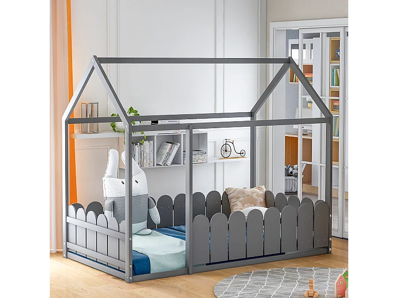 Lit Cabane Enfant En Bois - Lit De Sol - Cadre De Lit 80X160 cm - Lit De Jeu - Gris - A